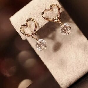 Gold Open Heart Crystal Drop Stud Earrings